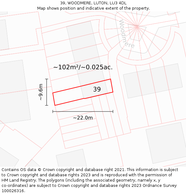 39, WOODMERE, LUTON, LU3 4DL: Plot and title map
