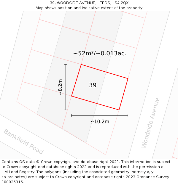 39, WOODSIDE AVENUE, LEEDS, LS4 2QX: Plot and title map