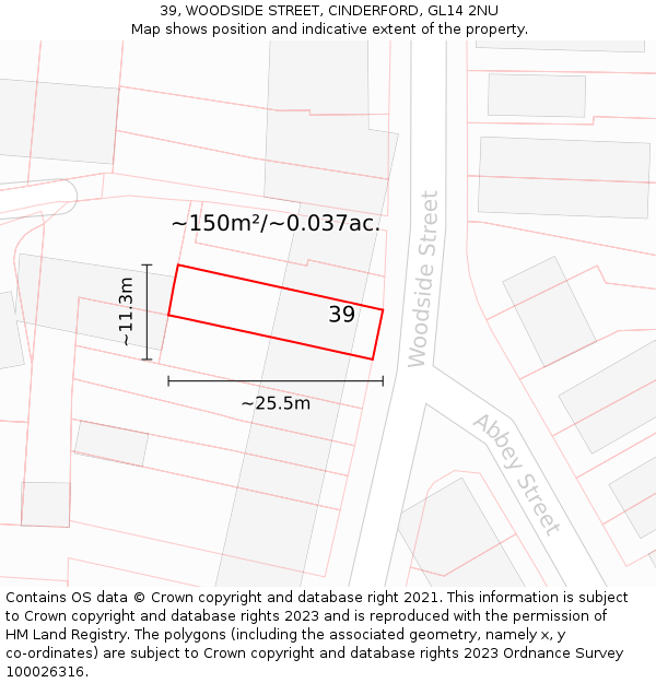 39, WOODSIDE STREET, CINDERFORD, GL14 2NU: Plot and title map