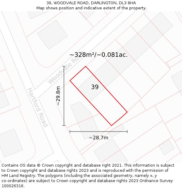 39, WOODVALE ROAD, DARLINGTON, DL3 8HA: Plot and title map
