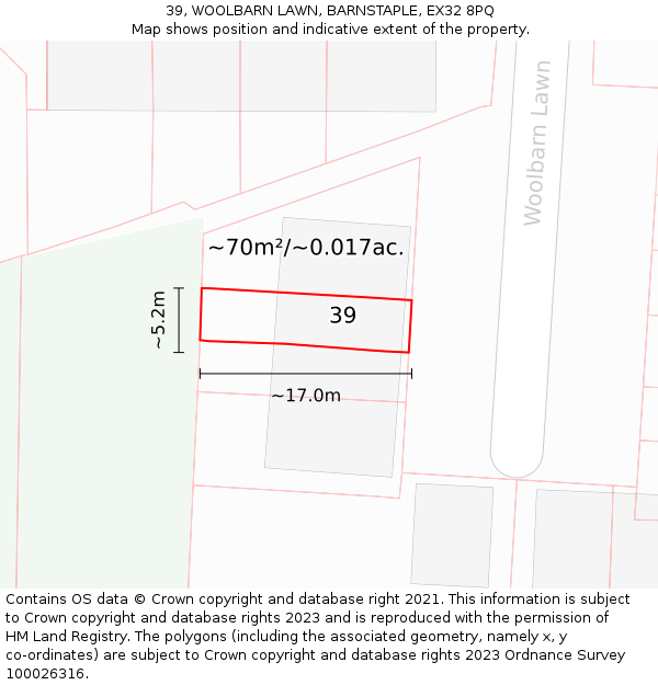39, WOOLBARN LAWN, BARNSTAPLE, EX32 8PQ: Plot and title map