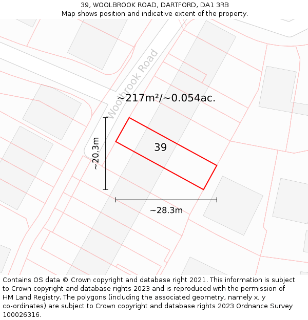 39, WOOLBROOK ROAD, DARTFORD, DA1 3RB: Plot and title map
