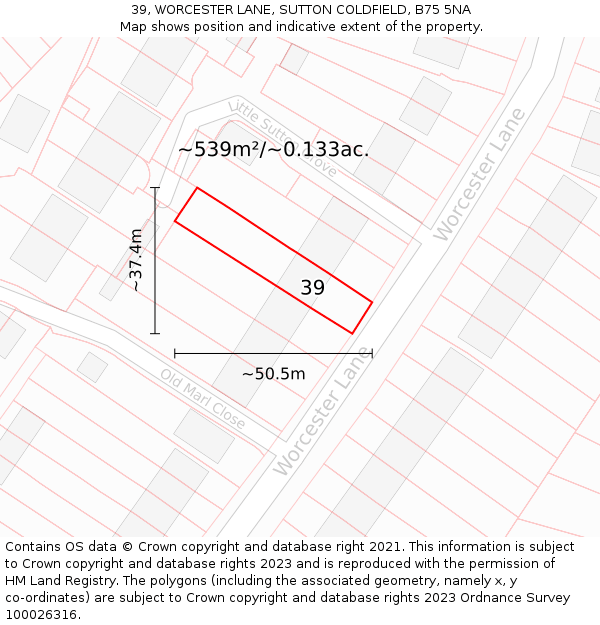 39, WORCESTER LANE, SUTTON COLDFIELD, B75 5NA: Plot and title map