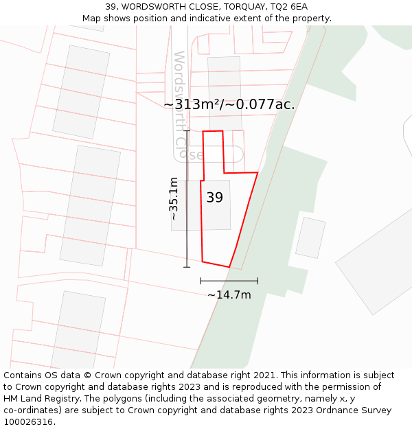 39, WORDSWORTH CLOSE, TORQUAY, TQ2 6EA: Plot and title map