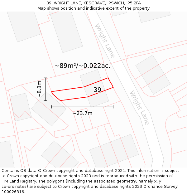 39, WRIGHT LANE, KESGRAVE, IPSWICH, IP5 2FA: Plot and title map