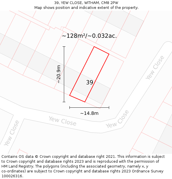 39, YEW CLOSE, WITHAM, CM8 2PW: Plot and title map