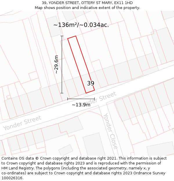 39, YONDER STREET, OTTERY ST MARY, EX11 1HD: Plot and title map