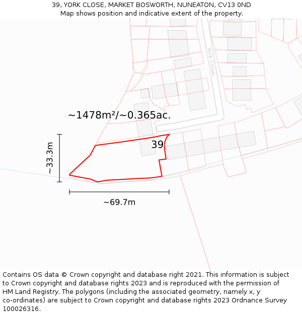 39, YORK CLOSE, MARKET BOSWORTH, NUNEATON, CV13 0ND: Plot and title map