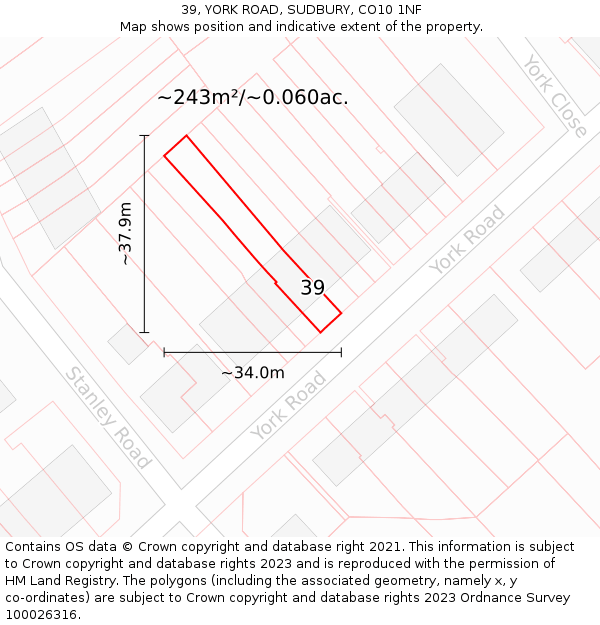 39, YORK ROAD, SUDBURY, CO10 1NF: Plot and title map