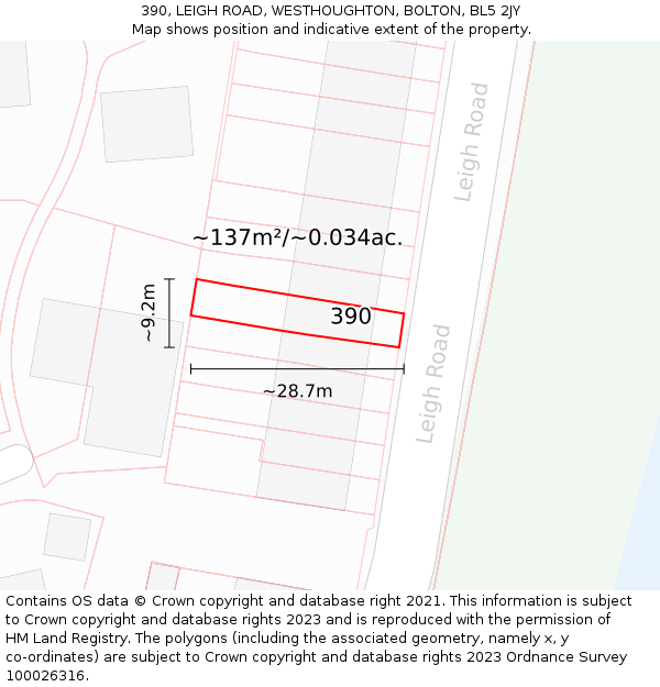 390, LEIGH ROAD, WESTHOUGHTON, BOLTON, BL5 2JY: Plot and title map
