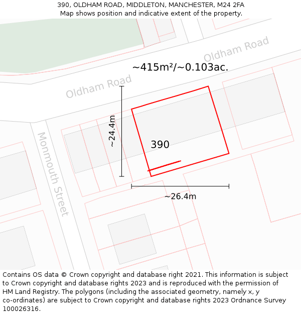 390, OLDHAM ROAD, MIDDLETON, MANCHESTER, M24 2FA: Plot and title map