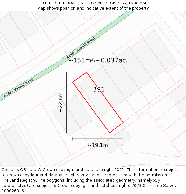 391, BEXHILL ROAD, ST LEONARDS-ON-SEA, TN38 8AR: Plot and title map