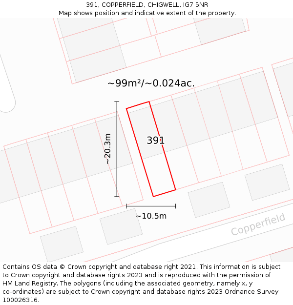 391, COPPERFIELD, CHIGWELL, IG7 5NR: Plot and title map