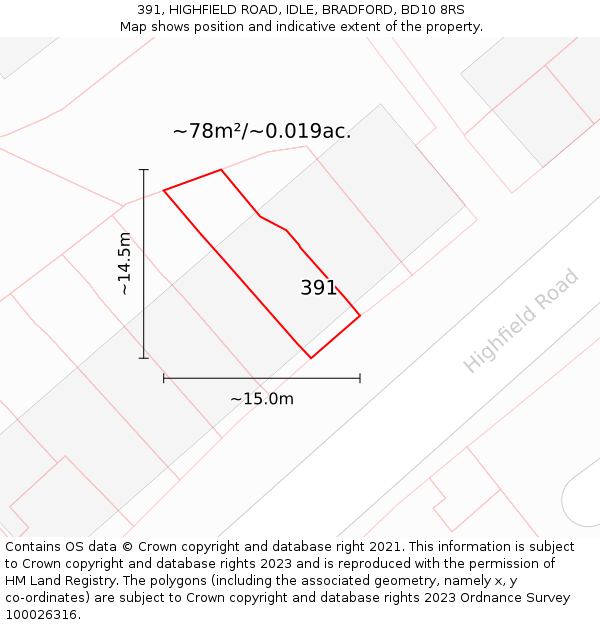 391, HIGHFIELD ROAD, IDLE, BRADFORD, BD10 8RS: Plot and title map