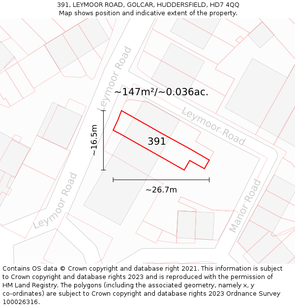391, LEYMOOR ROAD, GOLCAR, HUDDERSFIELD, HD7 4QQ: Plot and title map