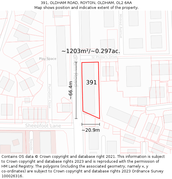 391, OLDHAM ROAD, ROYTON, OLDHAM, OL2 6AA: Plot and title map