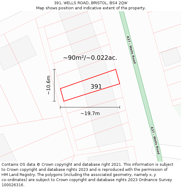391, WELLS ROAD, BRISTOL, BS4 2QW: Plot and title map