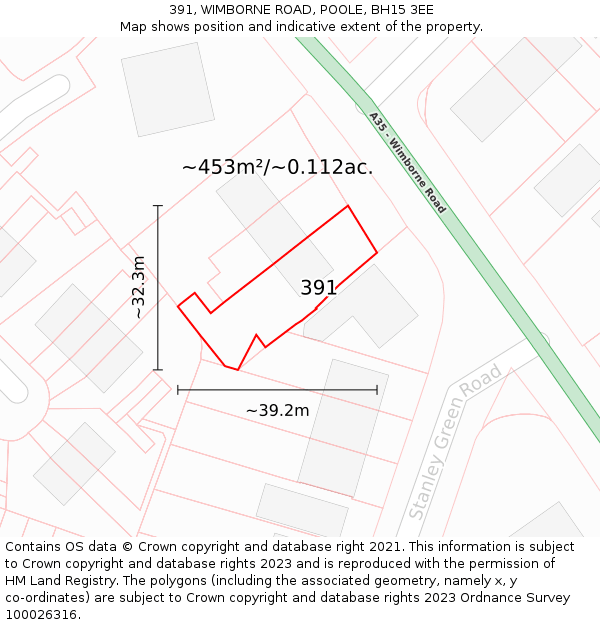 391, WIMBORNE ROAD, POOLE, BH15 3EE: Plot and title map