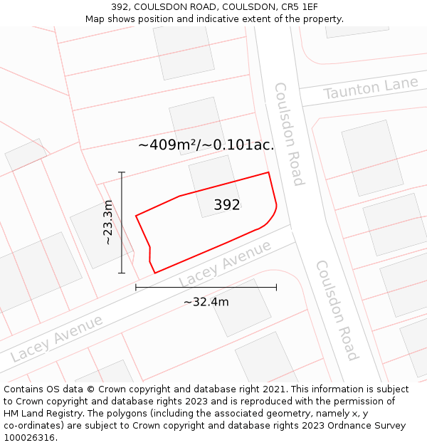 392, COULSDON ROAD, COULSDON, CR5 1EF: Plot and title map