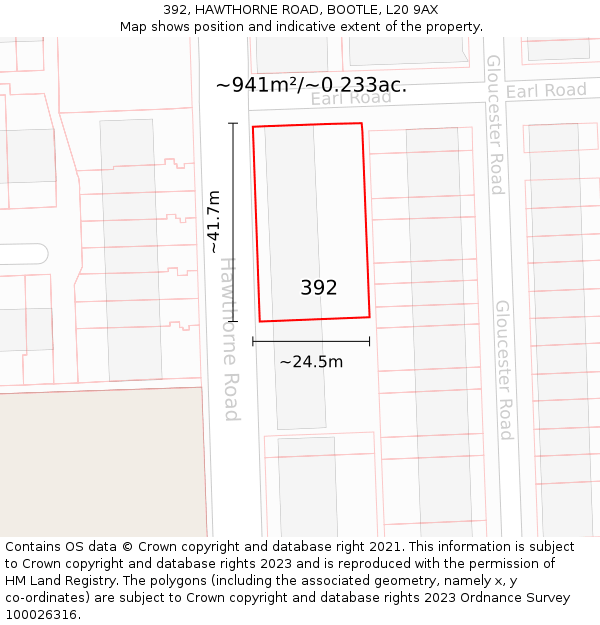 392, HAWTHORNE ROAD, BOOTLE, L20 9AX: Plot and title map