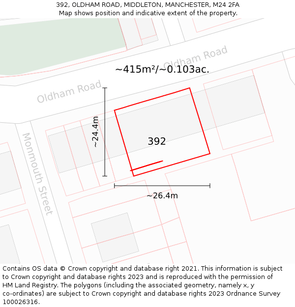 392, OLDHAM ROAD, MIDDLETON, MANCHESTER, M24 2FA: Plot and title map