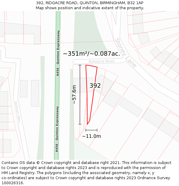 392, RIDGACRE ROAD, QUINTON, BIRMINGHAM, B32 1AP: Plot and title map