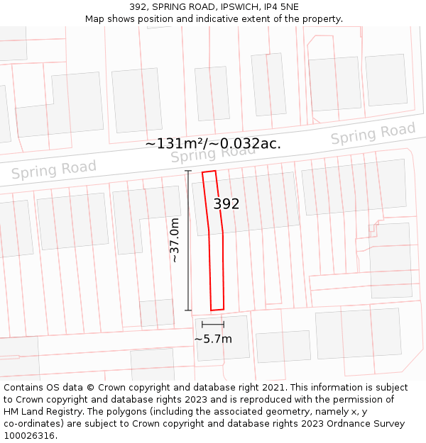 392, SPRING ROAD, IPSWICH, IP4 5NE: Plot and title map