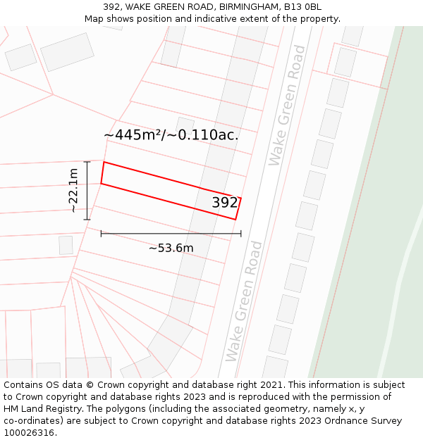 392, WAKE GREEN ROAD, BIRMINGHAM, B13 0BL: Plot and title map