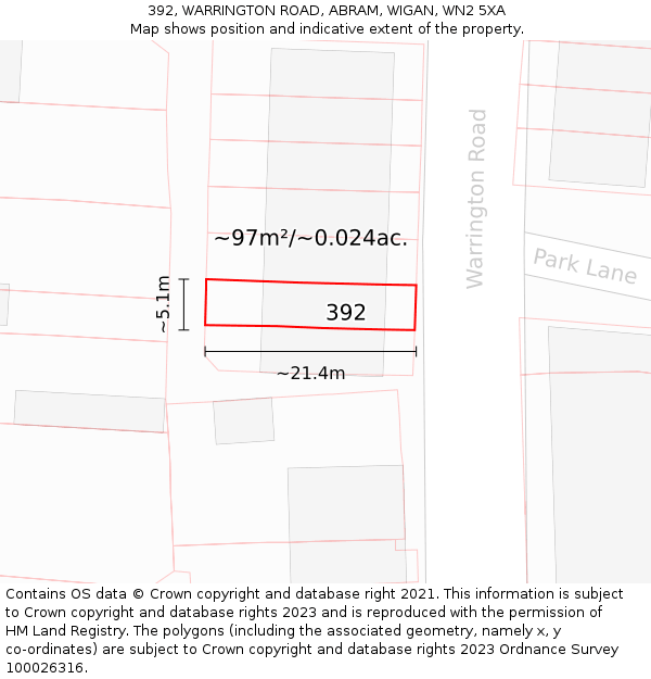 392, WARRINGTON ROAD, ABRAM, WIGAN, WN2 5XA: Plot and title map
