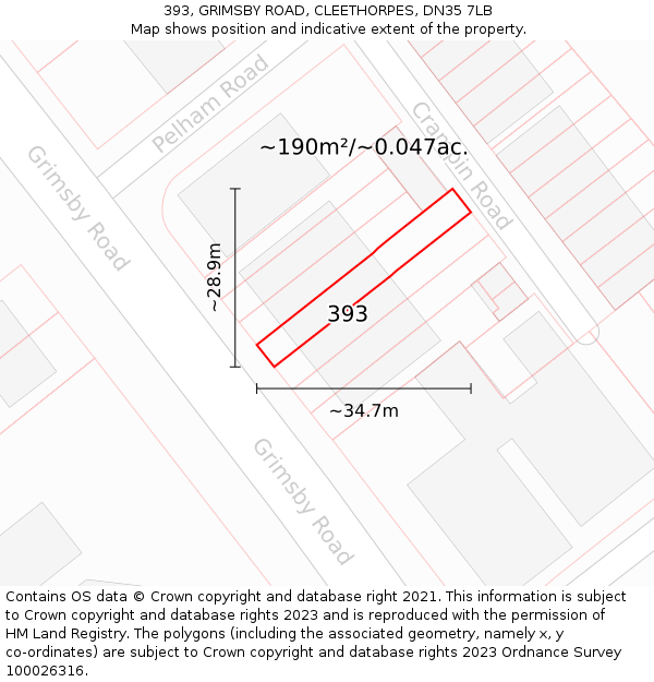 393, GRIMSBY ROAD, CLEETHORPES, DN35 7LB: Plot and title map