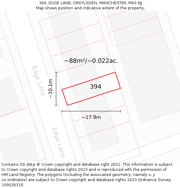 394, EDGE LANE, DROYLSDEN, MANCHESTER, M43 6JJ: Plot and title map
