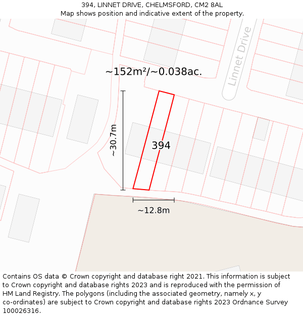 394, LINNET DRIVE, CHELMSFORD, CM2 8AL: Plot and title map