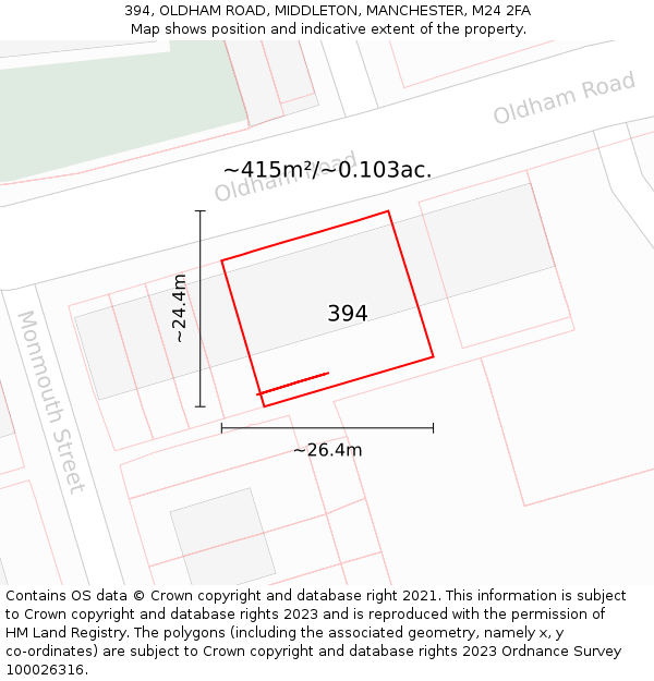 394, OLDHAM ROAD, MIDDLETON, MANCHESTER, M24 2FA: Plot and title map