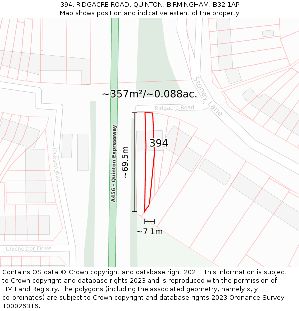 394, RIDGACRE ROAD, QUINTON, BIRMINGHAM, B32 1AP: Plot and title map