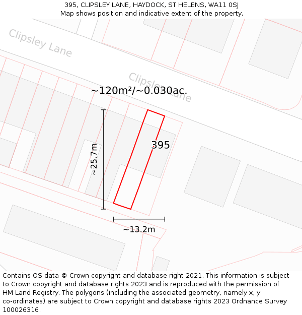 395, CLIPSLEY LANE, HAYDOCK, ST HELENS, WA11 0SJ: Plot and title map