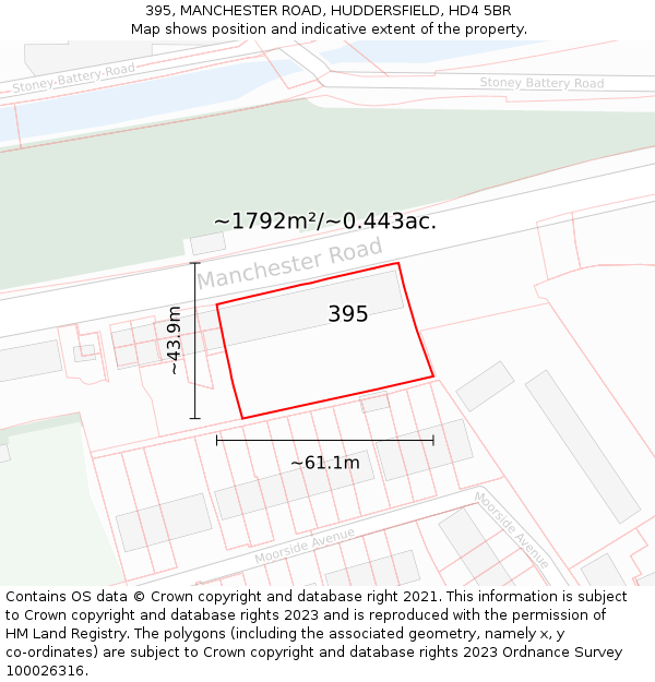 395, MANCHESTER ROAD, HUDDERSFIELD, HD4 5BR: Plot and title map