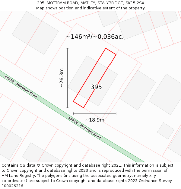 395, MOTTRAM ROAD, MATLEY, STALYBRIDGE, SK15 2SX: Plot and title map