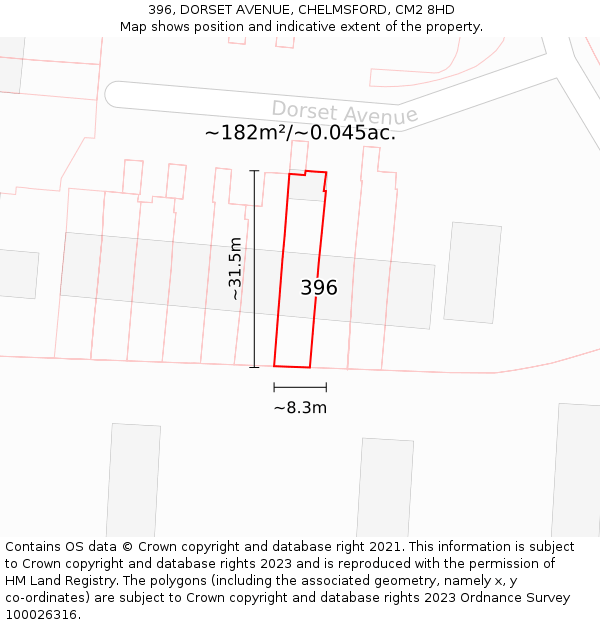 396, DORSET AVENUE, CHELMSFORD, CM2 8HD: Plot and title map