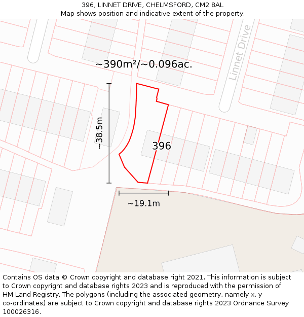 396, LINNET DRIVE, CHELMSFORD, CM2 8AL: Plot and title map