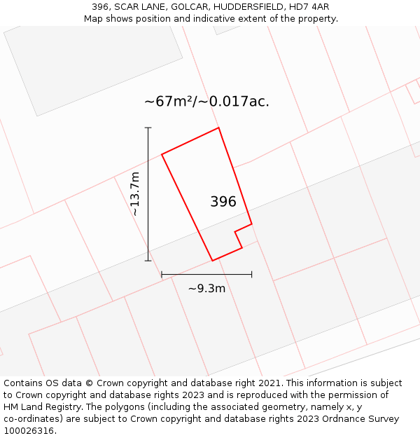 396, SCAR LANE, GOLCAR, HUDDERSFIELD, HD7 4AR: Plot and title map