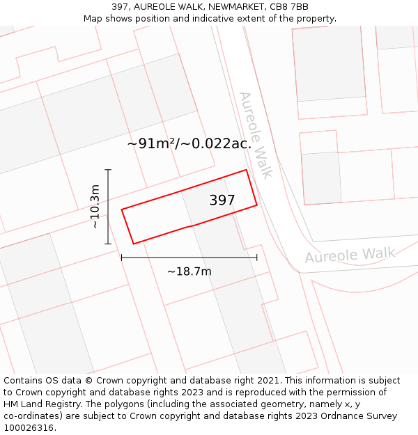 397, AUREOLE WALK, NEWMARKET, CB8 7BB: Plot and title map