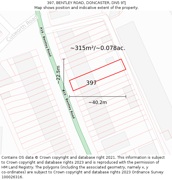 397, BENTLEY ROAD, DONCASTER, DN5 9TJ: Plot and title map