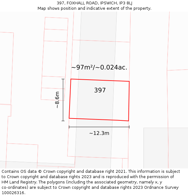 397, FOXHALL ROAD, IPSWICH, IP3 8LJ: Plot and title map
