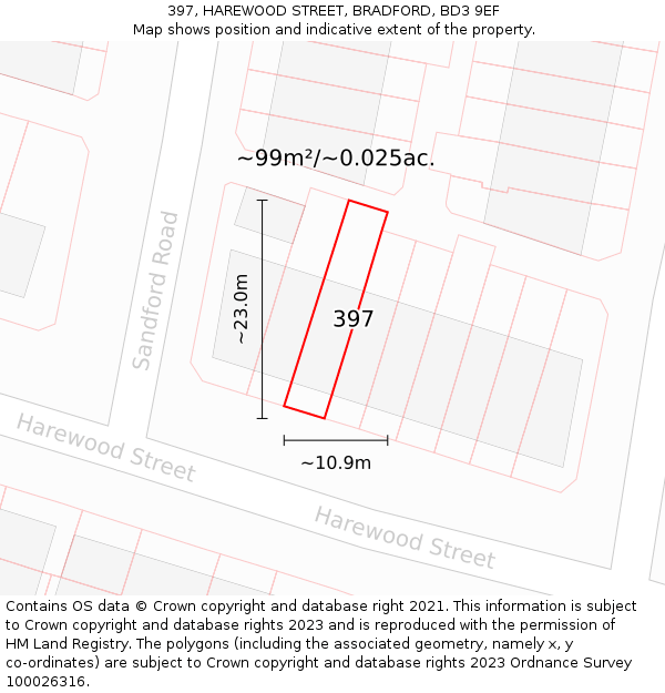397, HAREWOOD STREET, BRADFORD, BD3 9EF: Plot and title map