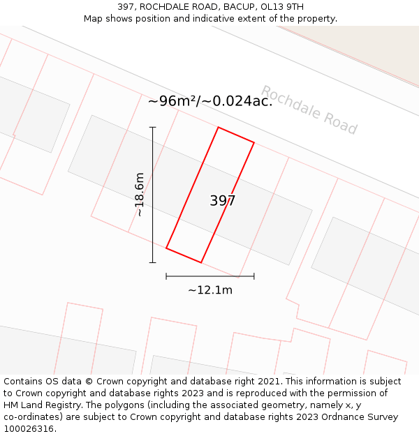 397, ROCHDALE ROAD, BACUP, OL13 9TH: Plot and title map