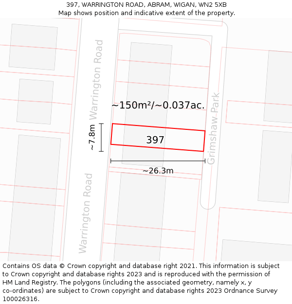 397, WARRINGTON ROAD, ABRAM, WIGAN, WN2 5XB: Plot and title map