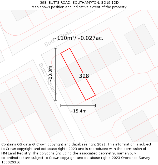 398, BUTTS ROAD, SOUTHAMPTON, SO19 1DD: Plot and title map