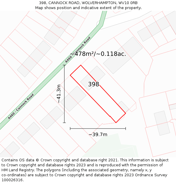 398, CANNOCK ROAD, WOLVERHAMPTON, WV10 0RB: Plot and title map
