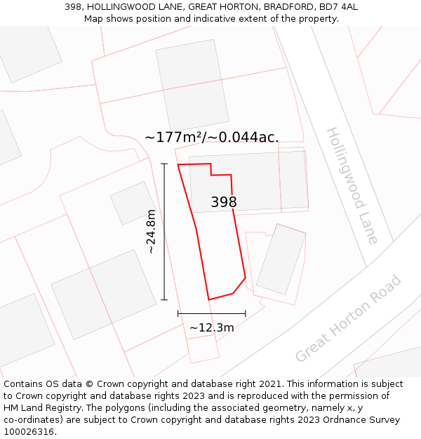 398, HOLLINGWOOD LANE, GREAT HORTON, BRADFORD, BD7 4AL: Plot and title map