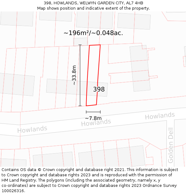 398, HOWLANDS, WELWYN GARDEN CITY, AL7 4HB: Plot and title map